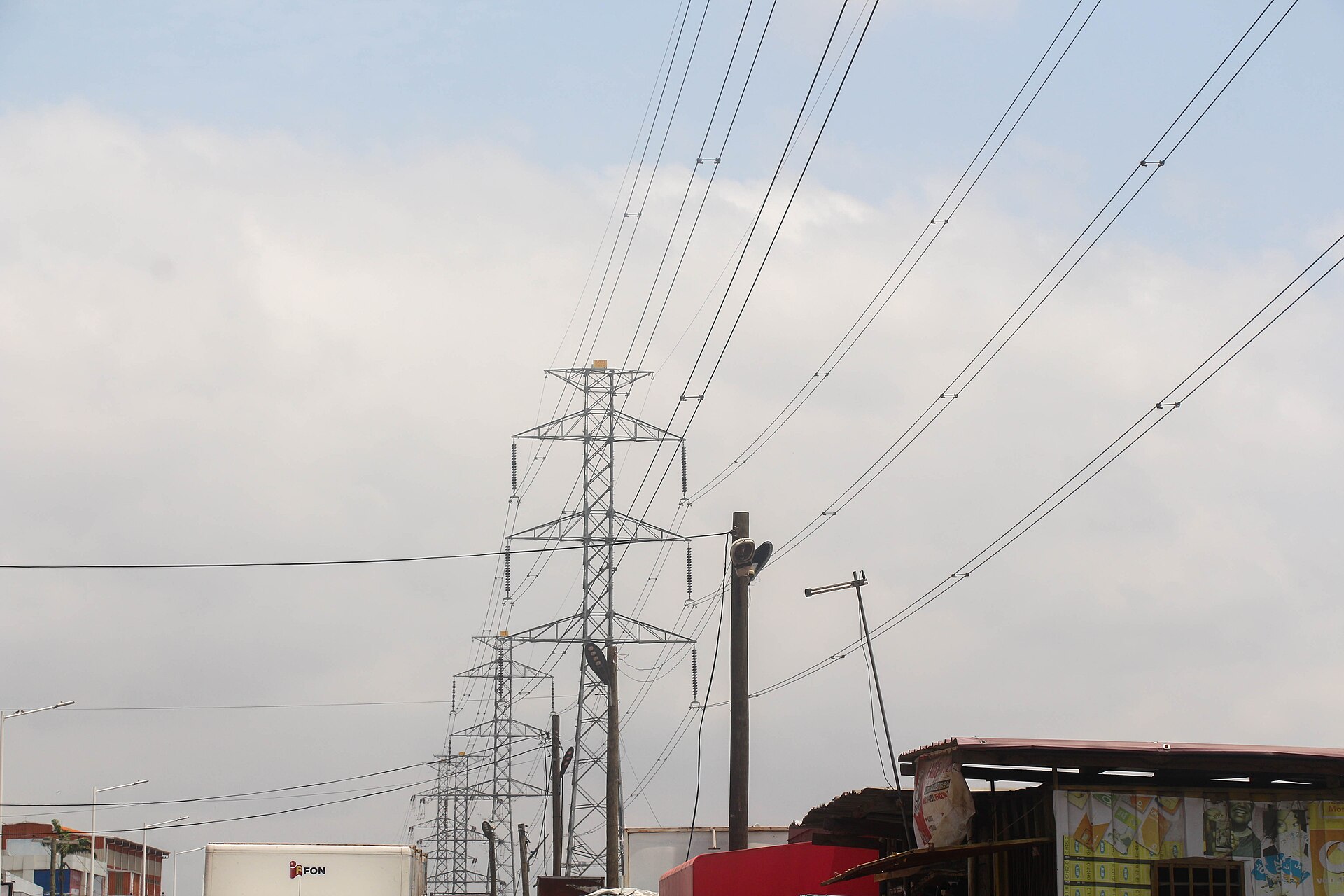 Electricity Company of Ghana high-tension poles in Accra in 2025.