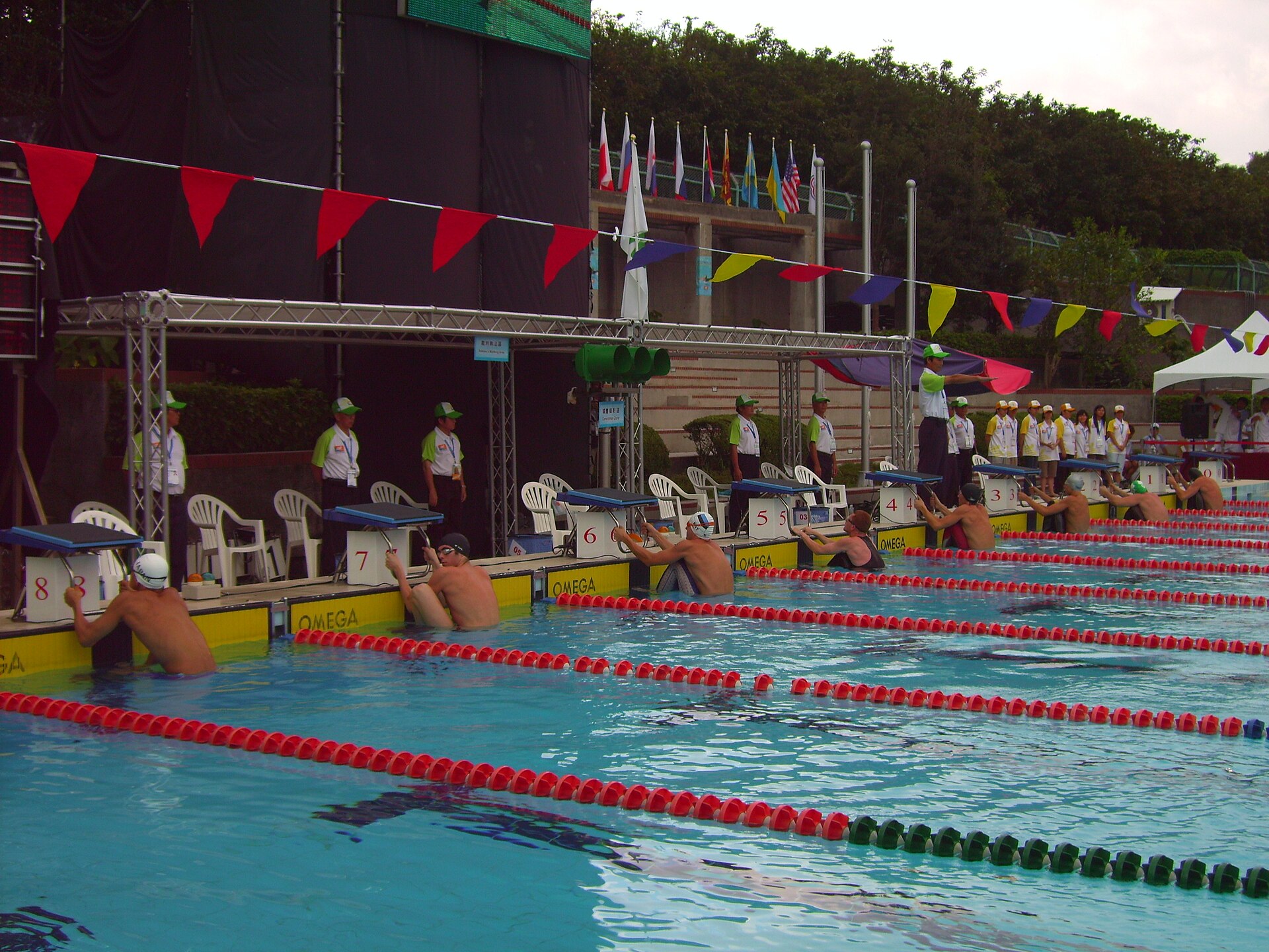 Swimmers at the start of a 50m backstroke race in 2007.