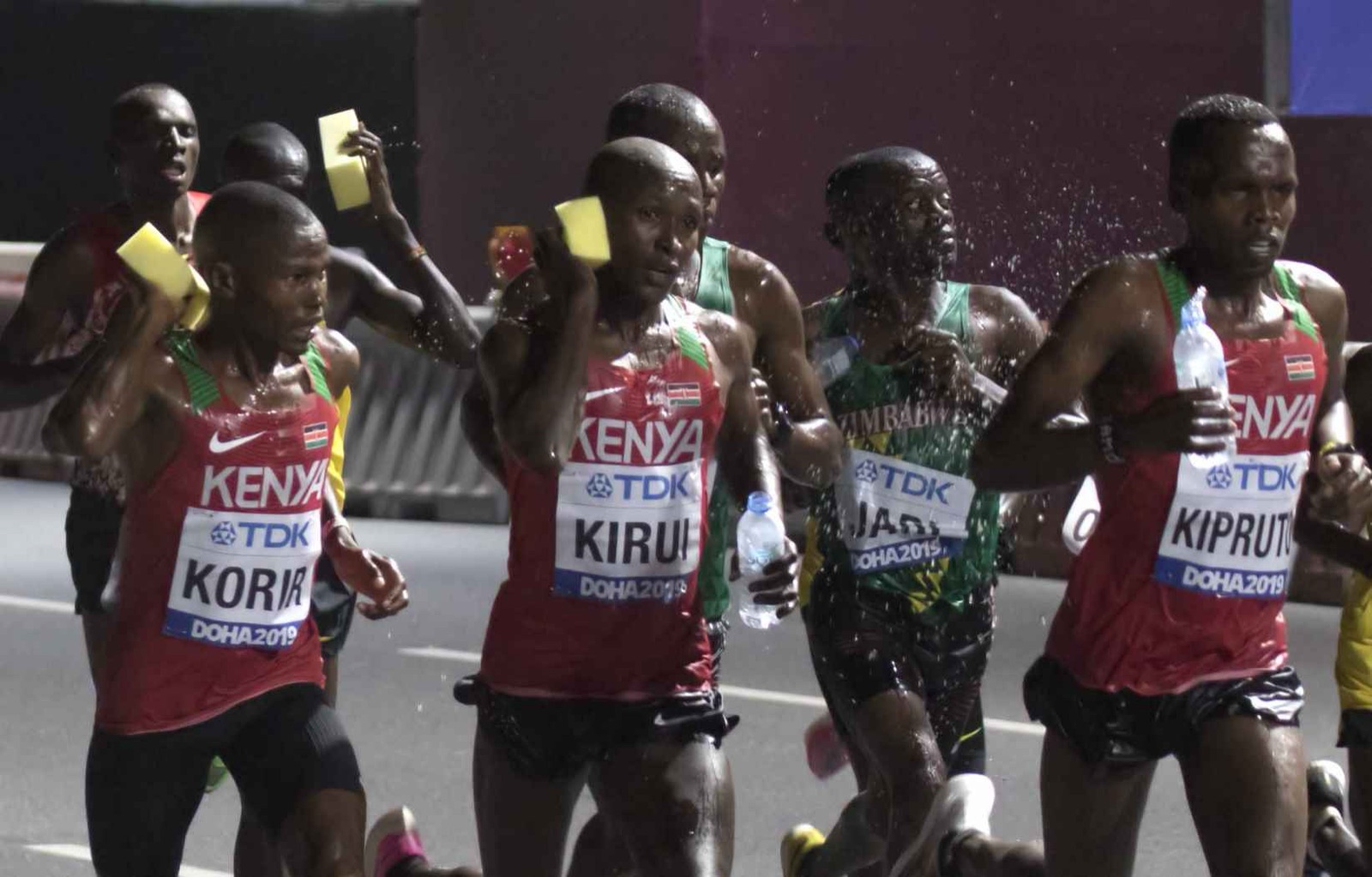 Kenyan runners, including Amos Kipruto, in the marathon at the 2019 World Championships in Doha, where he won bronze.