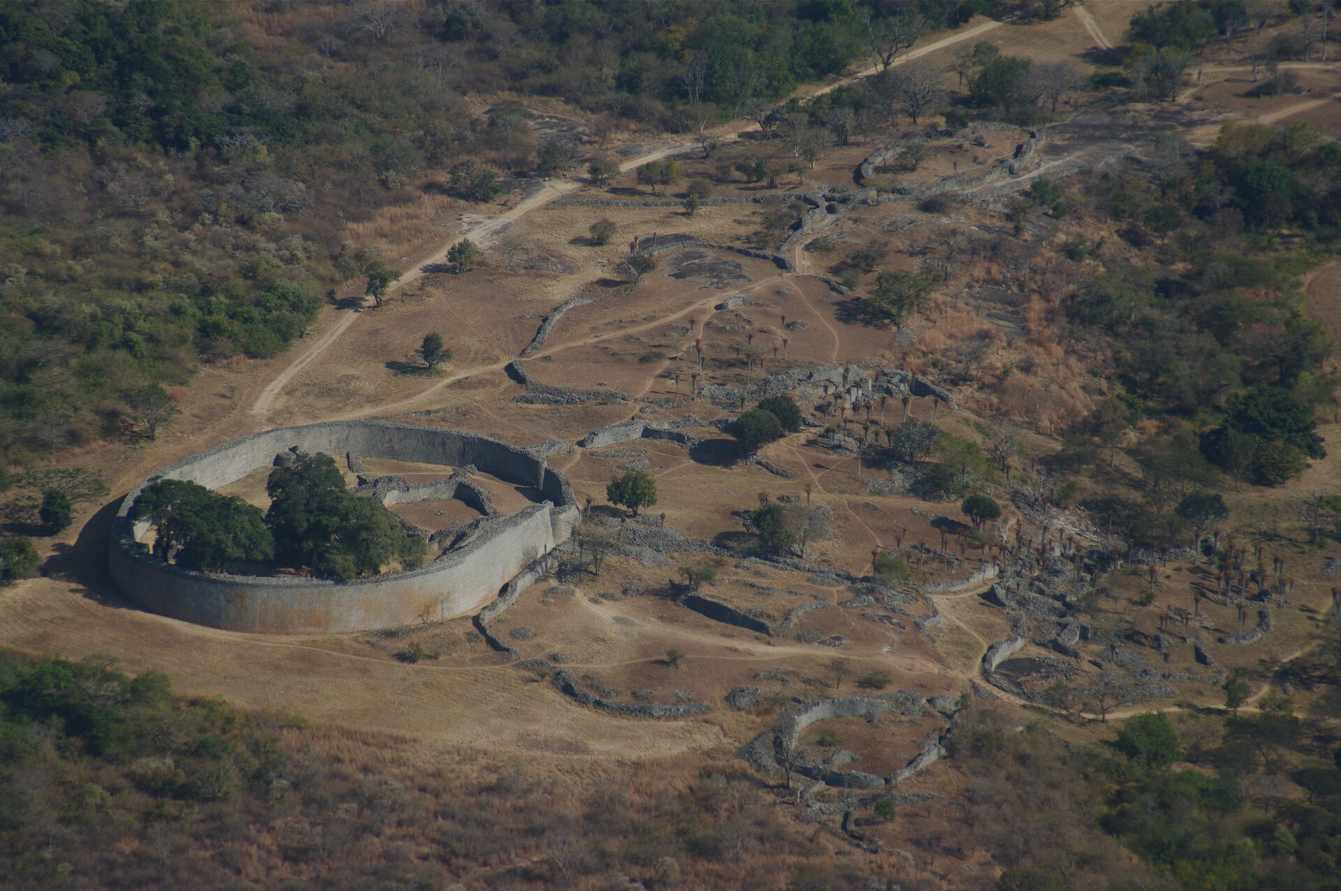 The Great Enclosure at Great Zimbabwe from the air in 2015.