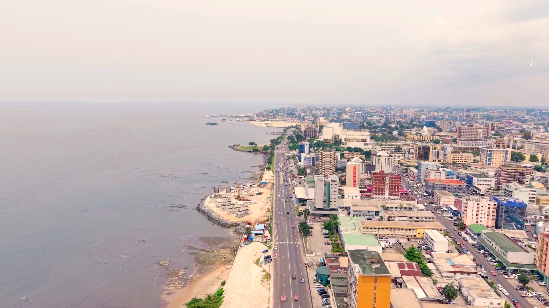 Libreville's seafront and Boulevard de l'Indépendance from the air in 2025.