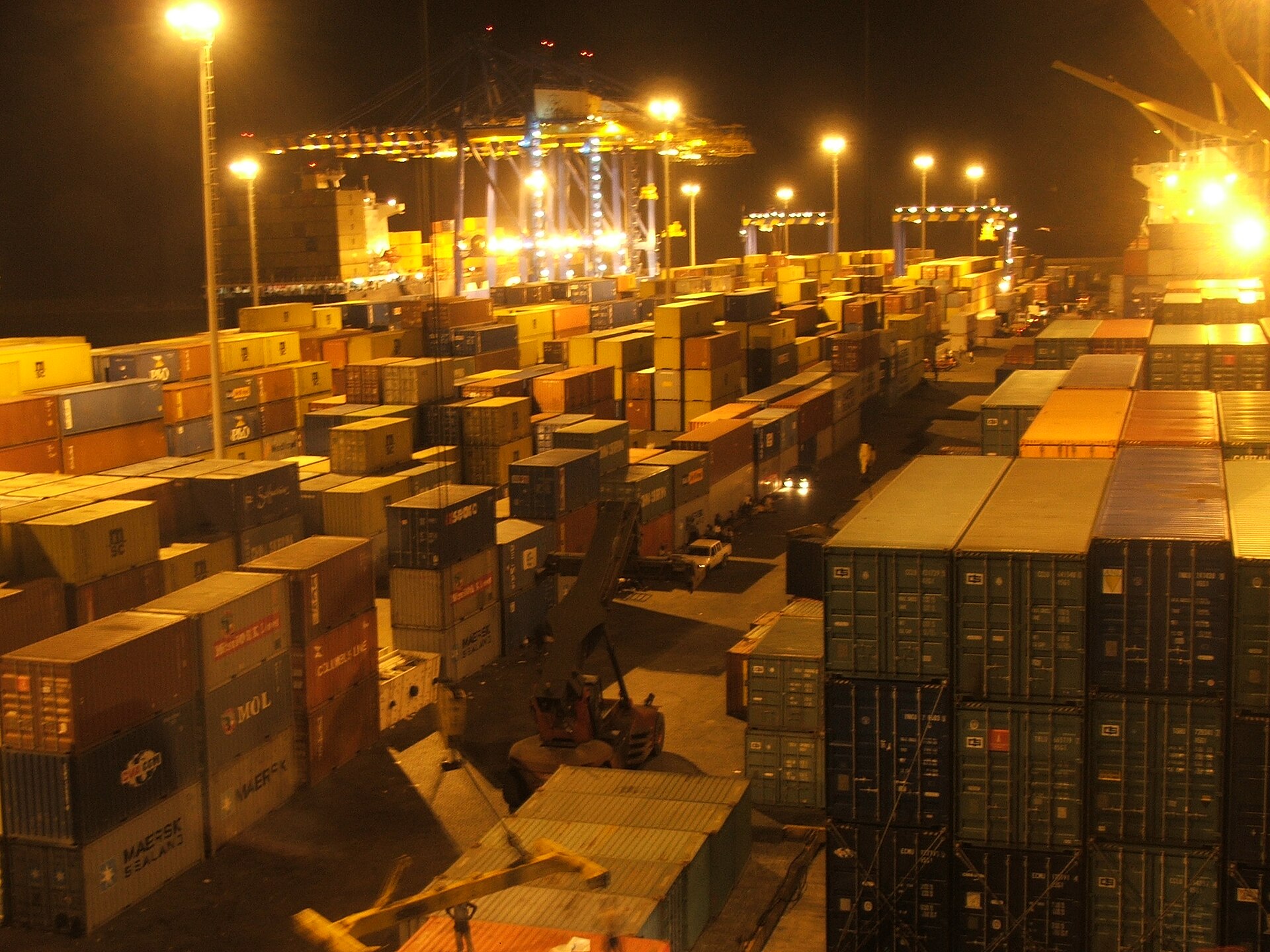 The container terminal at Tema, Ghana's main port, at night in 2008.