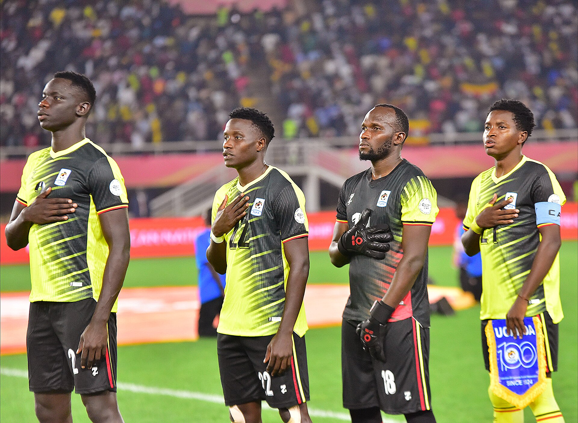 Uganda's players line up for the national anthem in August 2025.